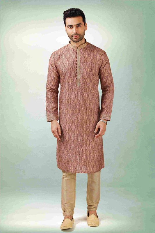 Men's Maroon Art Silk Printed Work Kurta Pajama Set