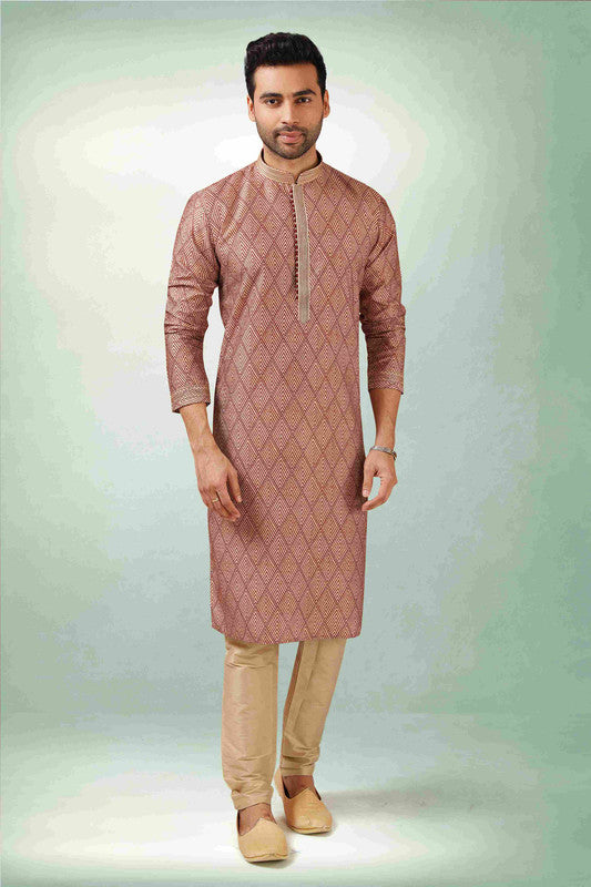 Men's Maroon Art Silk Printed Work Kurta Pajama Set