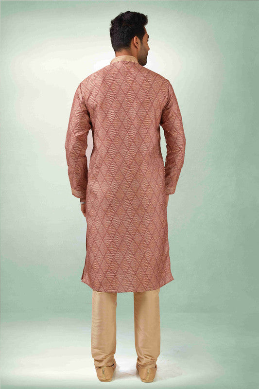 Men's Maroon Art Silk Printed Work Kurta Pajama Set