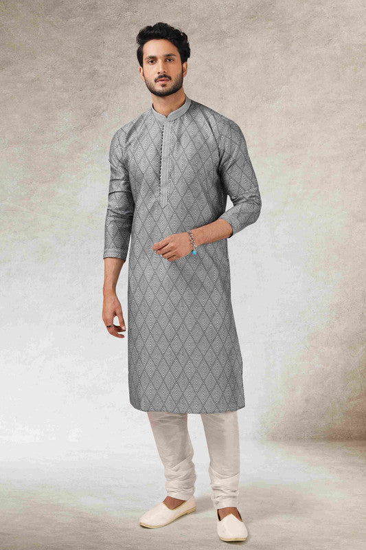 Men's Grey Black Art Silk Printed Work Kurta Pajama Set