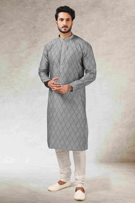 Men's Grey Black Art Silk Printed Work Kurta Pajama Set