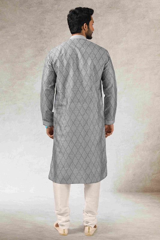 Men's Grey Black Art Silk Printed Work Kurta Pajama Set