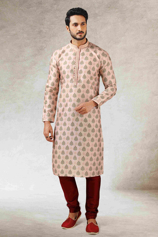 Men's Peach Art Silk Printed Work Kurta Pajama Set
