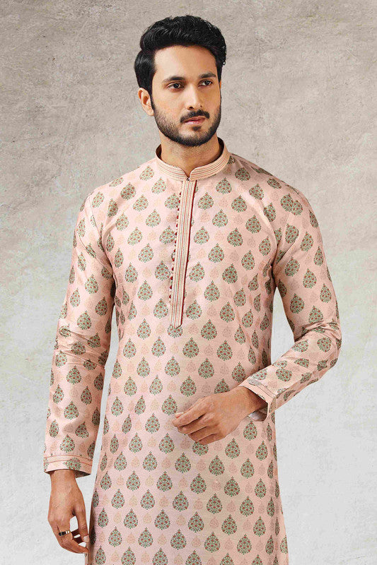 Men's Peach Art Silk Printed Work Kurta Pajama Set