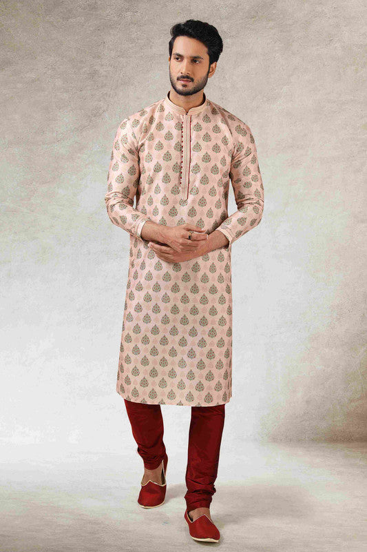 Men's Peach Art Silk Printed Work Kurta Pajama Set