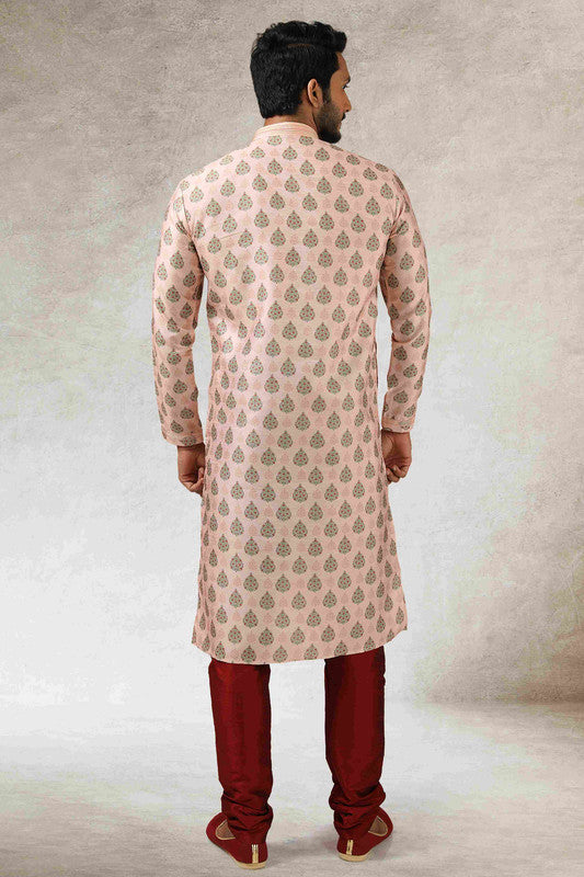 Men's Peach Art Silk Printed Work Kurta Pajama Set