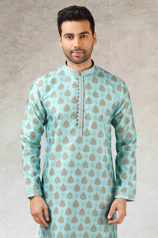 Men's Pista Green Art Silk Printed Work Kurta Pajama Set