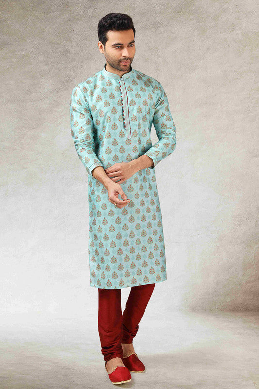 Men's Pista Green Art Silk Printed Work Kurta Pajama Set