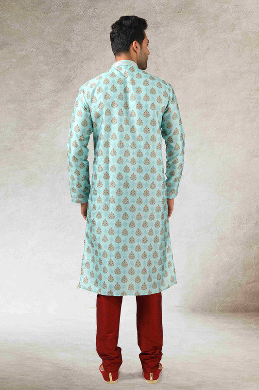 Men's Pista Green Art Silk Printed Work Kurta Pajama Set