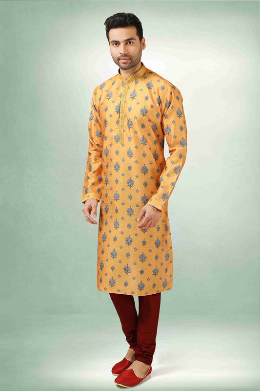 Men's Yellow Art Silk Printed Work Kurta Pajama Set