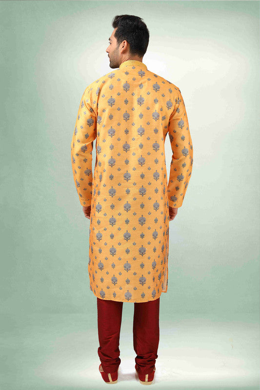 Men's Yellow Art Silk Printed Work Kurta Pajama Set