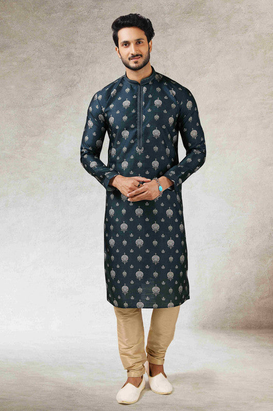 Men's Teal Green Art Silk Printed Work Kurta Pajama Set