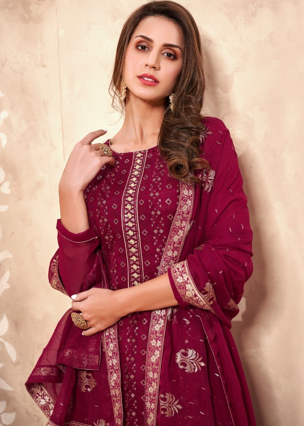 Ruby Pink Georgette Salwar Suit with Thread & Sequence Embroidery work By Qivii