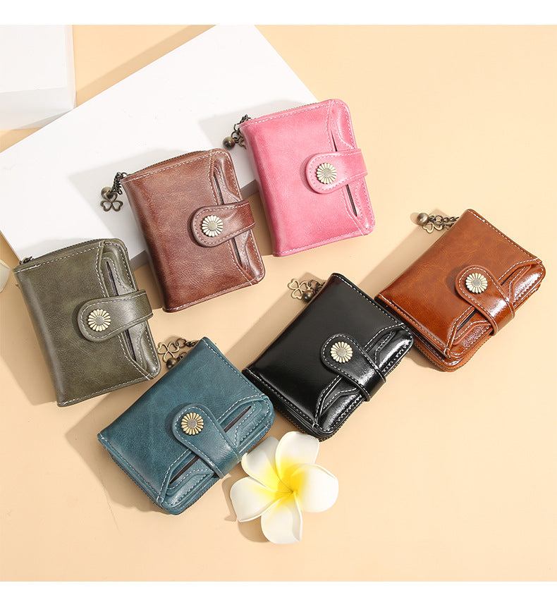 Women's Compact Waxed Leather Wallet – Zip Closure Organizer (Coin Purse, ID Slot & Card Holder)