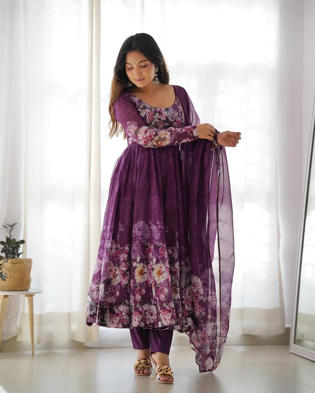  Stunning floral print Anarkali suit in wine color by Qivii 