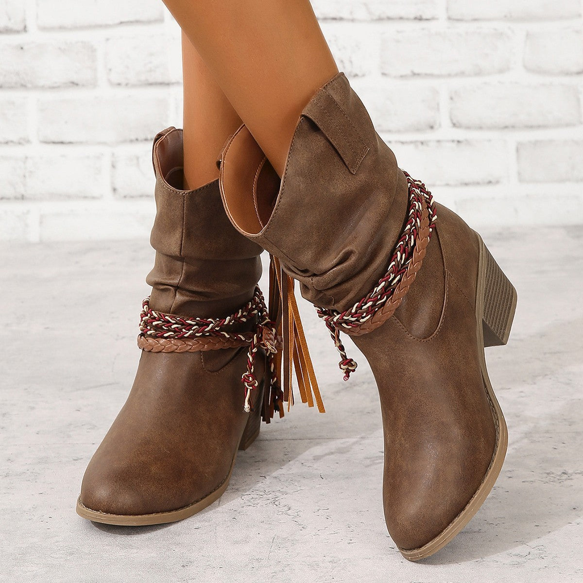 Women's Western Tassel Boots - Braided Buckle Cowboy Ankle Boots with Block Heel & Pointed Toe (US 5-10)