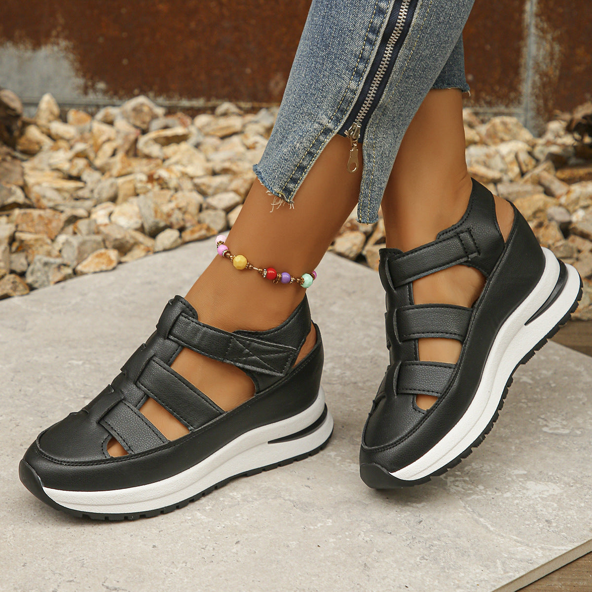 Women's Plus Size Hollow-Out Casual Sandals – Versatile Thin Platform with Height-Boosting Thick Sole