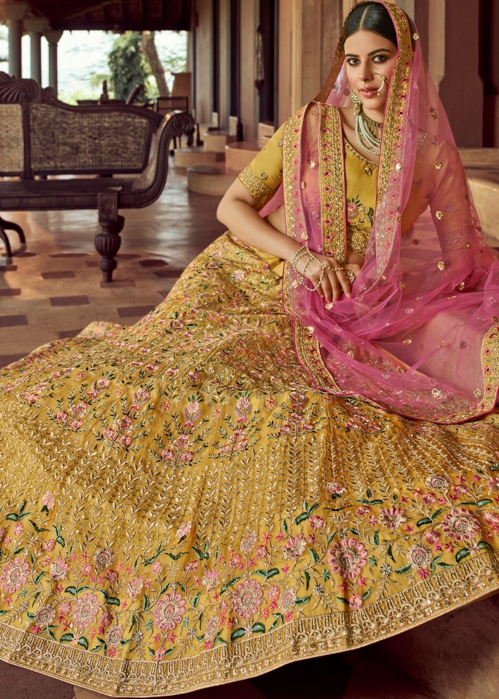 Canary Yellow Organza Lehenga Choli with Resham & Zari work