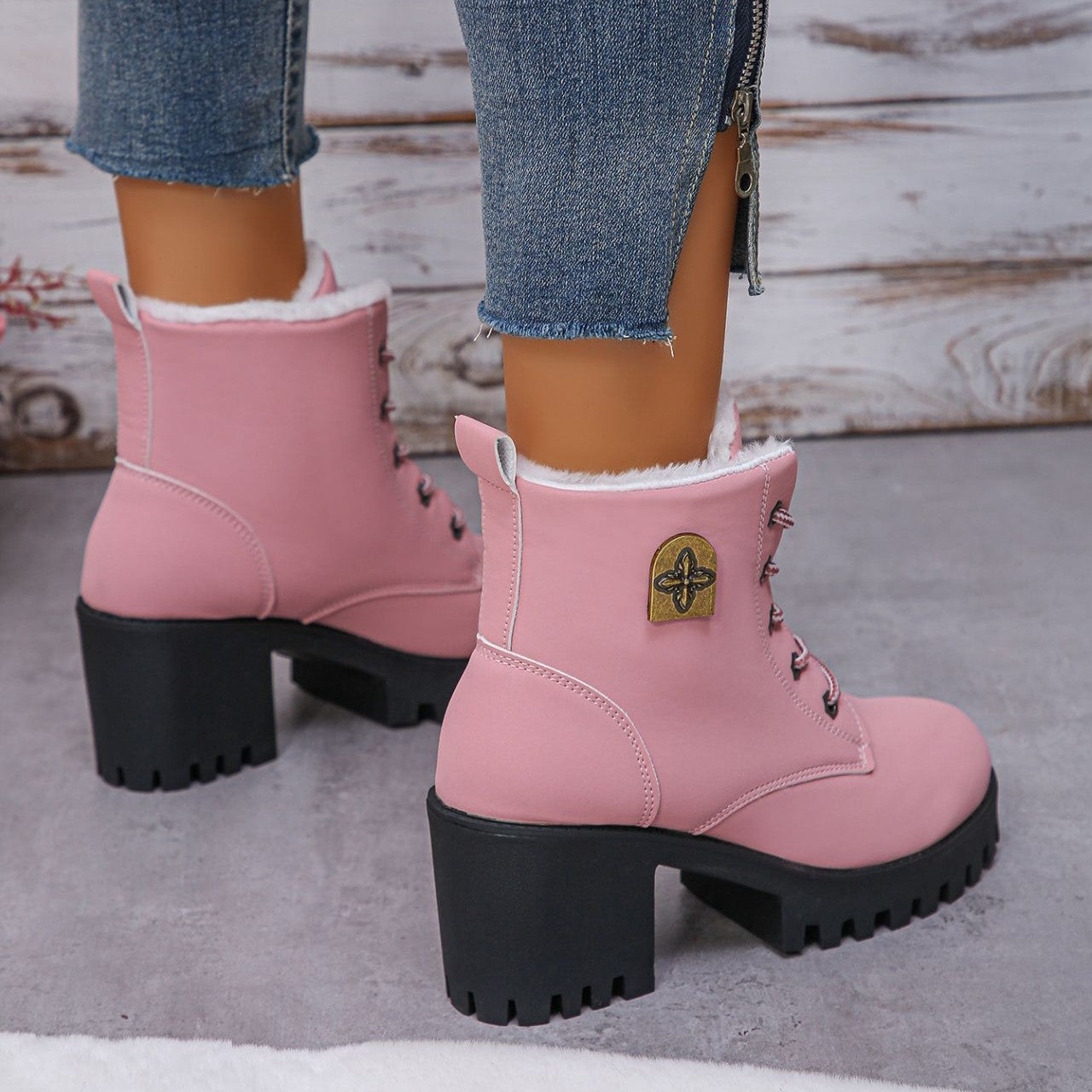 Women's Alpine Luxe Combat Boot - Chunky Sole Mid-Heel Weatherproof Ankle Boots with Faux Fur Lining & Classic Lace-Up Design (US 4-10)