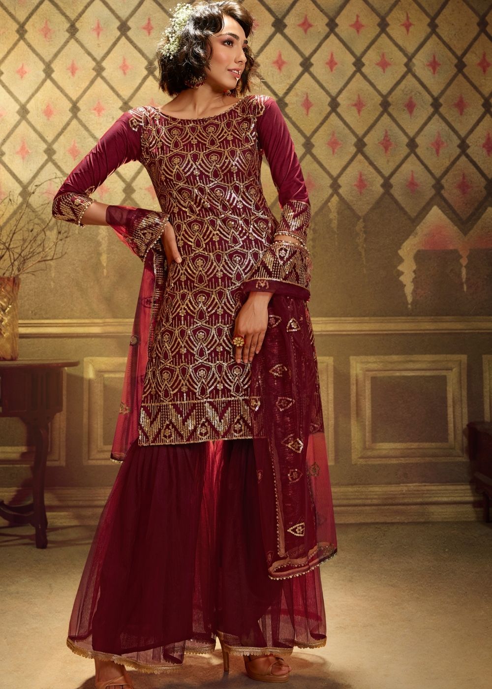 Berry Red Designer Soft Net Sharara Suit with overall Sequins work - qivii