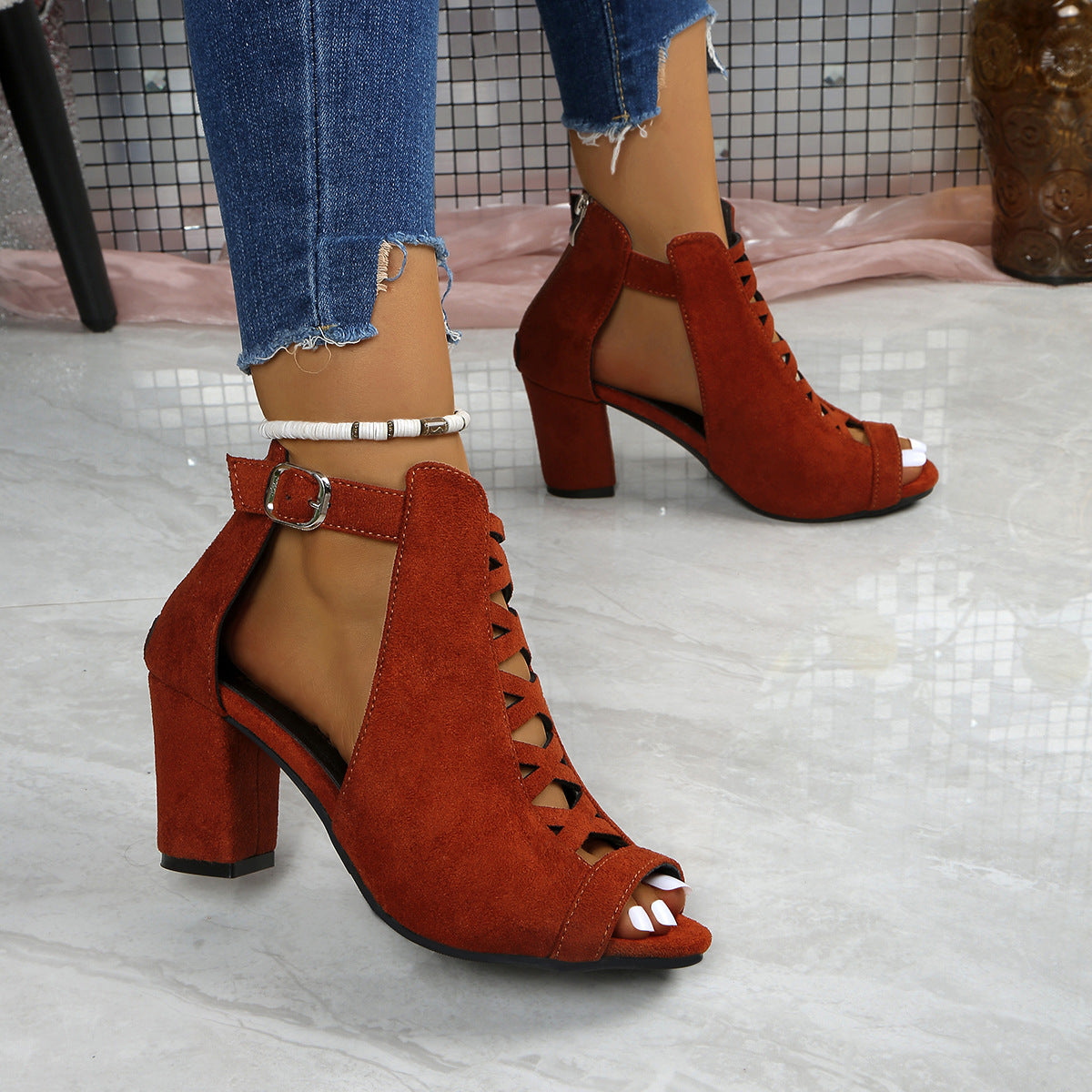 Women's Odette Suede Peep-Toe Cutout Bootie Sandals – Buckle Strap Chunky Heel Sophisticated Boot Sandals (US 3.5–11.5)