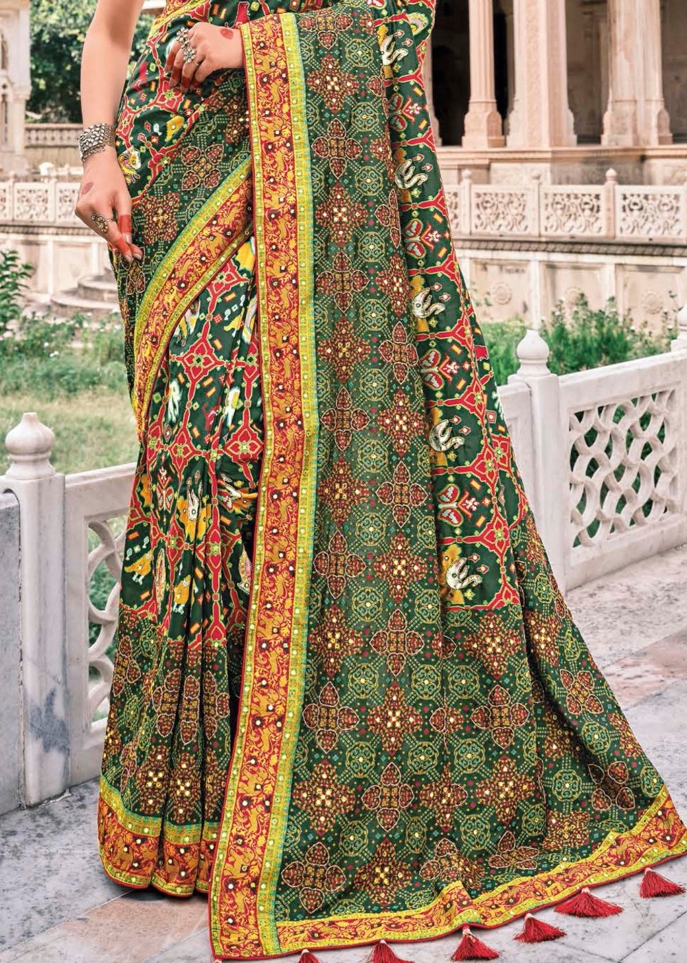 Pine Green Bandhej Patola Silk Saree with Embroidered Blouse - qivii