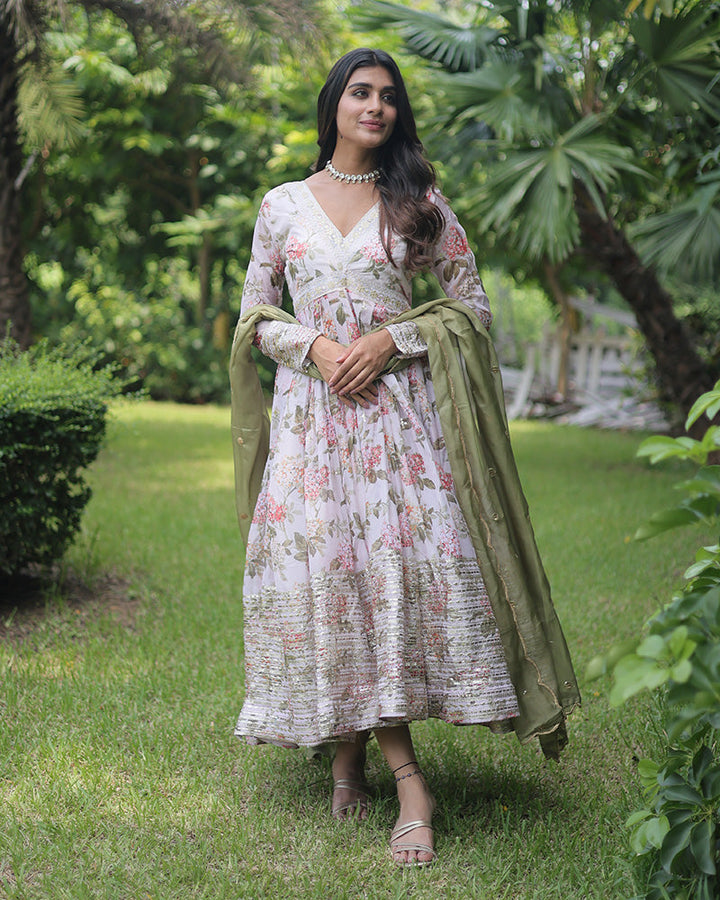 Wedding Wear Floral Embroidered Off White Color Alia Cut Gown With Dupatta  - By Qivii