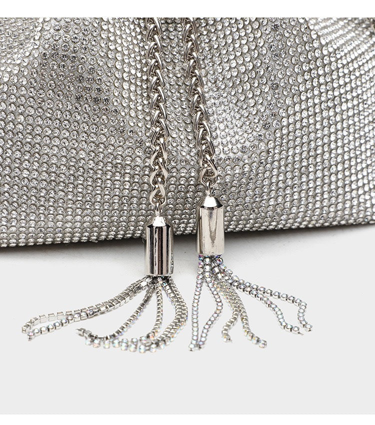 Women's Celestial Cache Bucket - Crystal-Encrusted Drawstring Minaudière with Detachable Constellation Chain