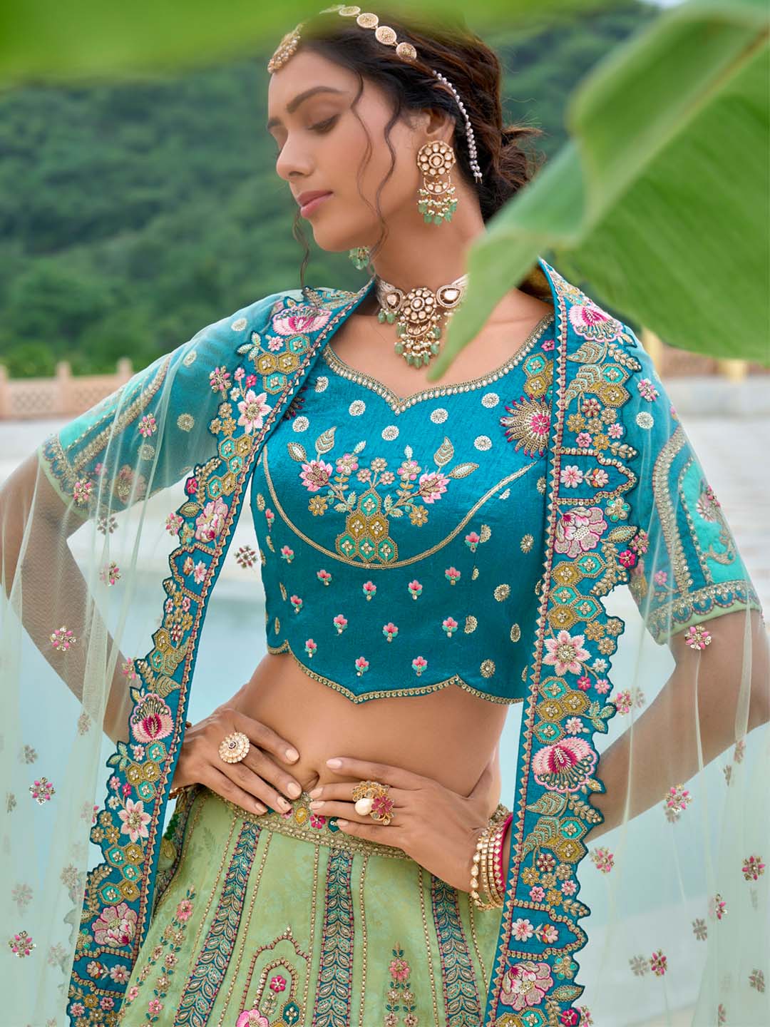 Pista-Teal Shaded Heavy Designer Embroidered Patchwork Silk Semi Stitched Lehenga Choli - qivii