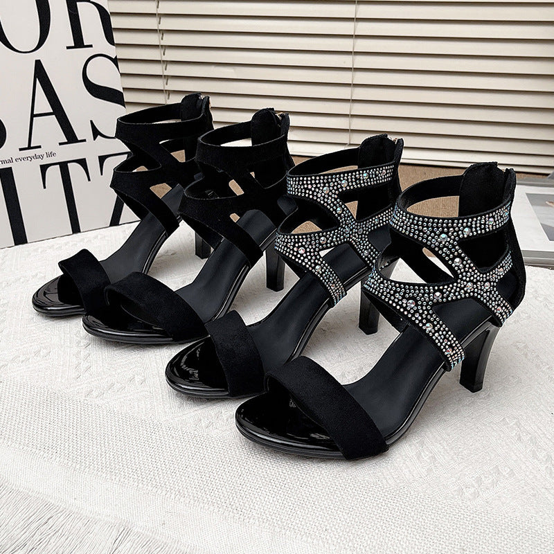 Women’s Aurora Rome Stiletto Heels – Zip Back Suede Open-Toe Sandals (US4–10.5)
