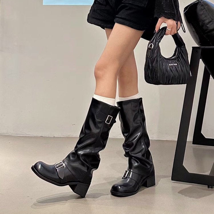 Women's Harper Slouch Boots - Chunky Heel Buckle Knee-High Boots (US 4-10.5)