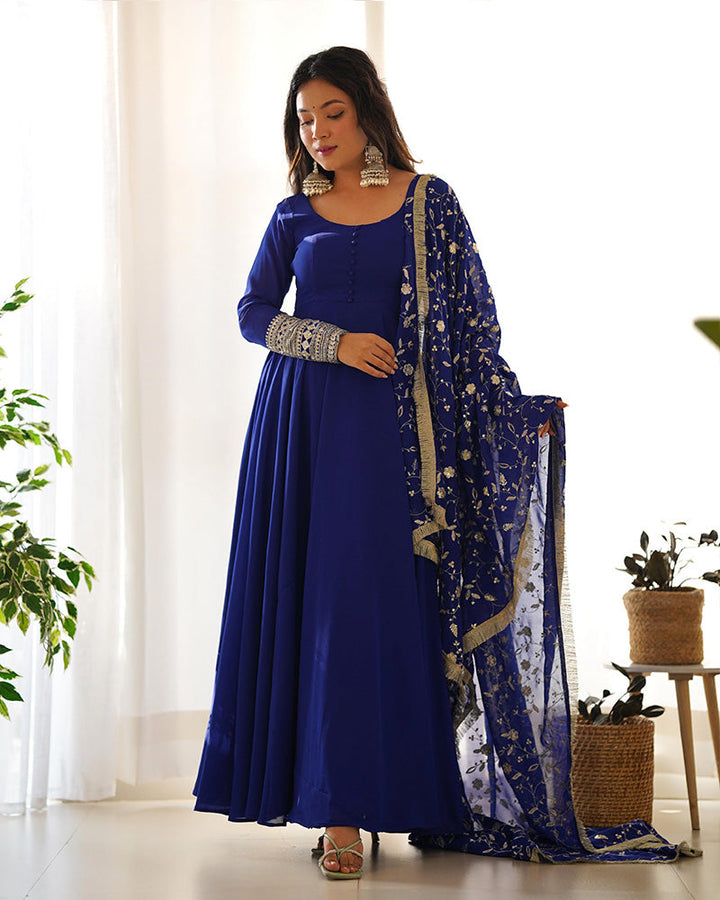 Royal Blue Color Soft Georgette With Heavy Embroidery Work Dupatta Anarkali Suit  - By Qivii