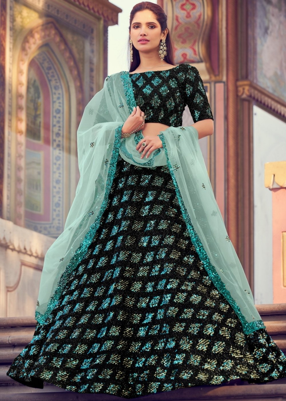 Black & Green Designer Lehenga Choli with Sequins work | Ready To Wear - qivii