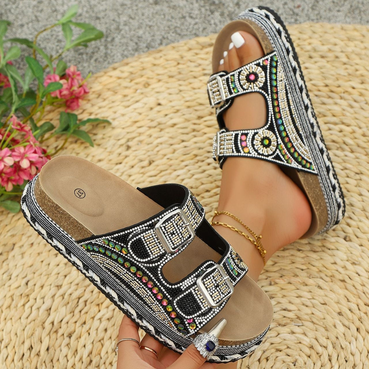 Women’s Calyra Rhinestone Platform Slide Sandals – Boho Metallic Buckle Rope Detail Resort Slides (US 5–10.5)