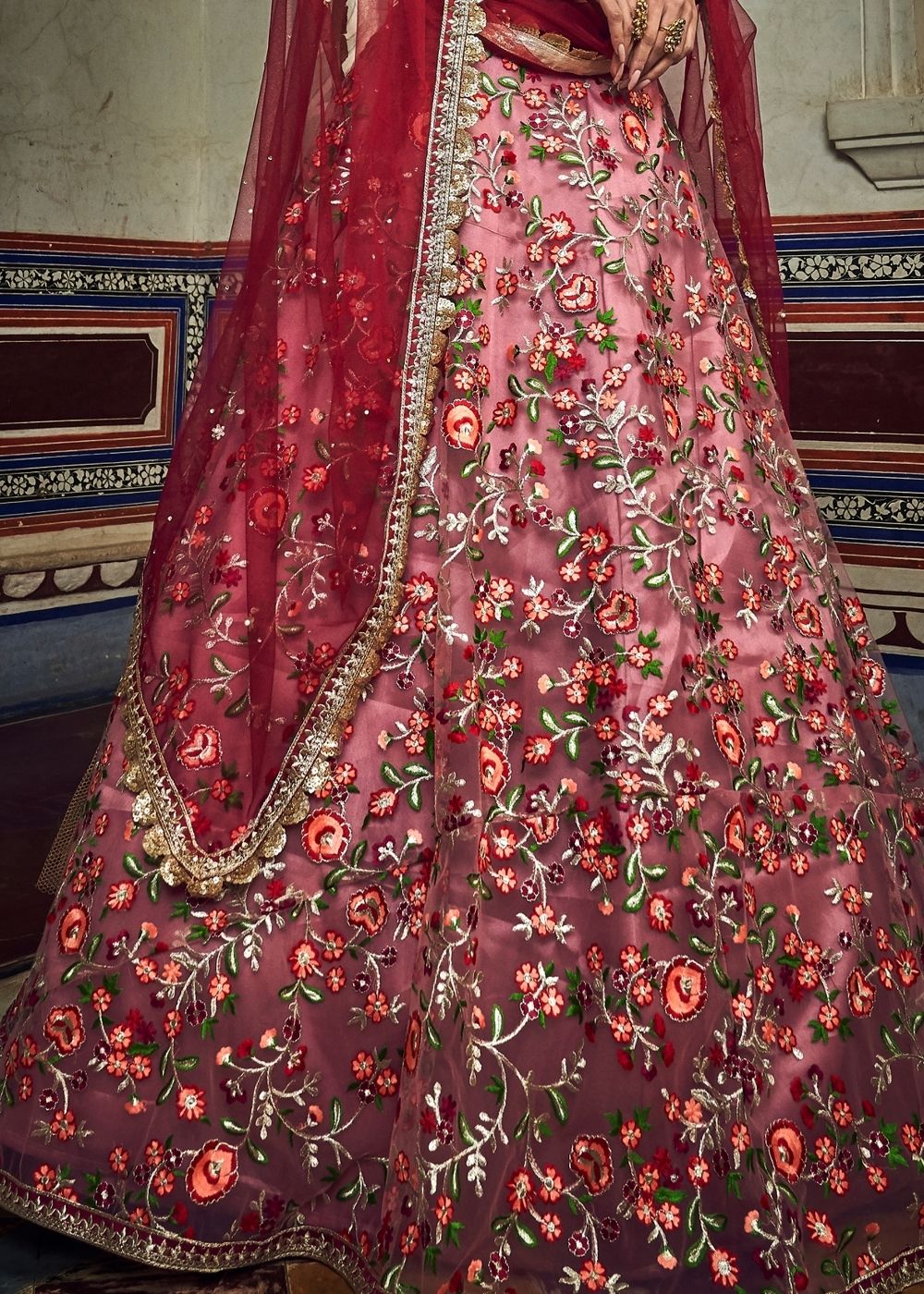 Persian Red Soft Net Lehenga with Thread & Zari work | Ready To Wear - qivii