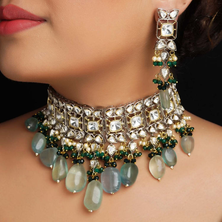 Bushra Mint Green Rhodium Plated Victorian Necklace Set