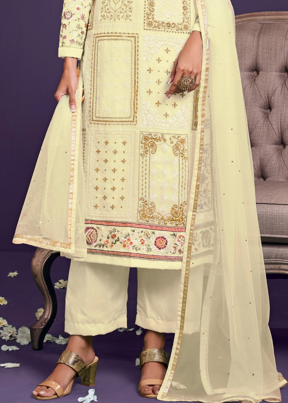 Blonde Yellow Georgette Salwar Suit with Thread, Zari & Sequence work By Qivii