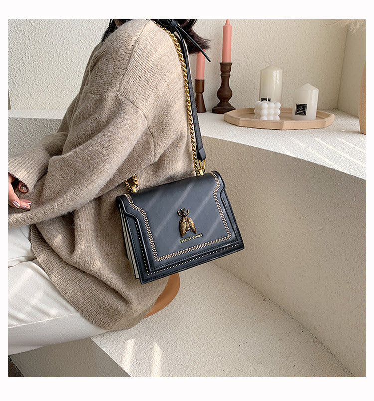 Women's Artisan-Crafted Distressed Crossbody Bag Small Box Purse with Stitched Rivets & Antique Gold Chain | Y2K Grunge Revival