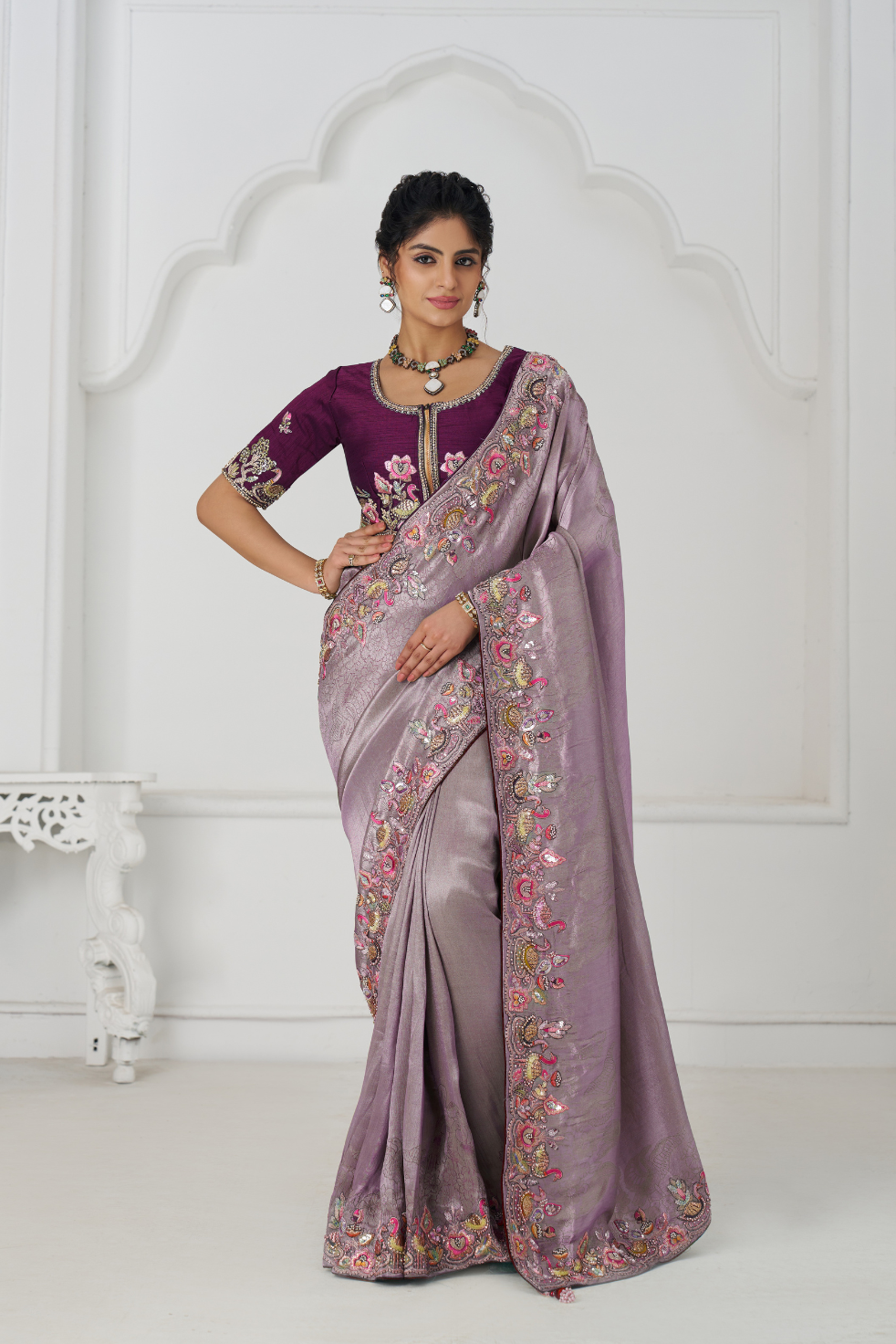 Stunning Mauve Color Saree With Multi-thread And Sequins Embroidery - qivii