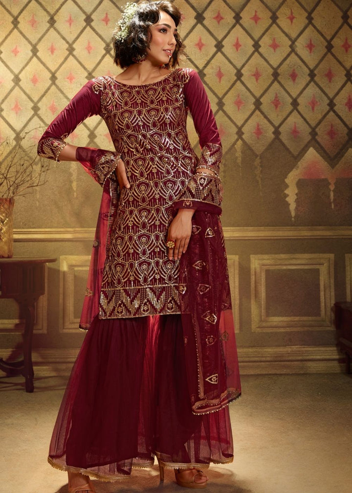 Berry Red Designer Soft Net Sharara Suit with overall Sequins work: Top Pick