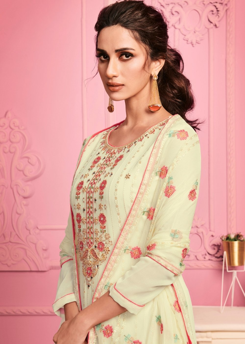 Banana Yellow Georgette Salwar Suit with Thread Embroidery, Katli & Mirror work - qivii