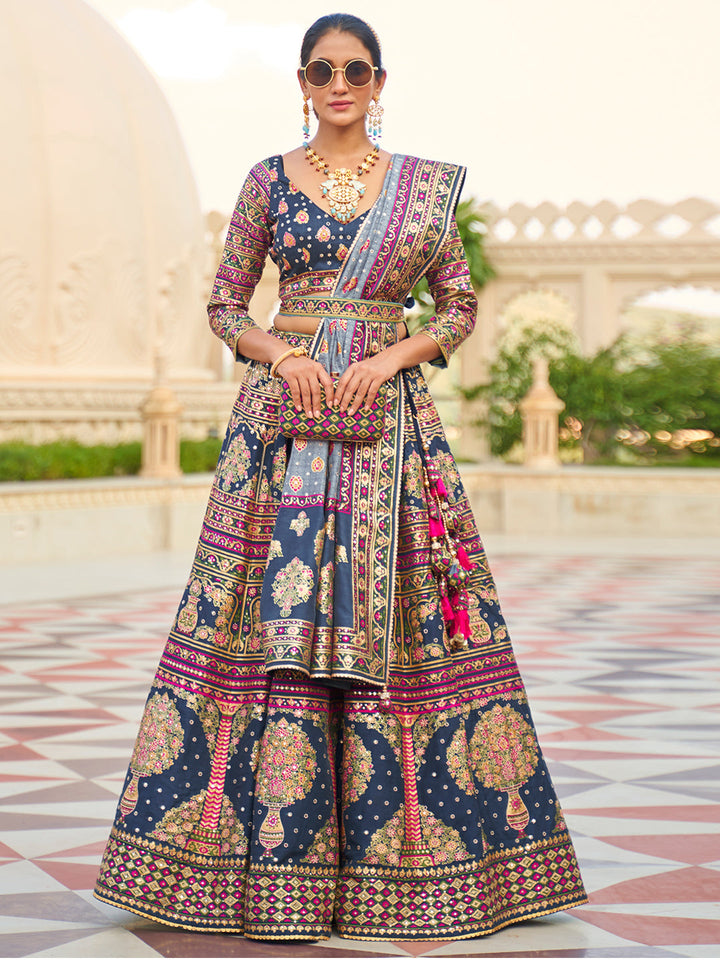 Blue-Pink Designer Silk Ready to Wear Lehenga Choli With Sparkle & Mirror Work