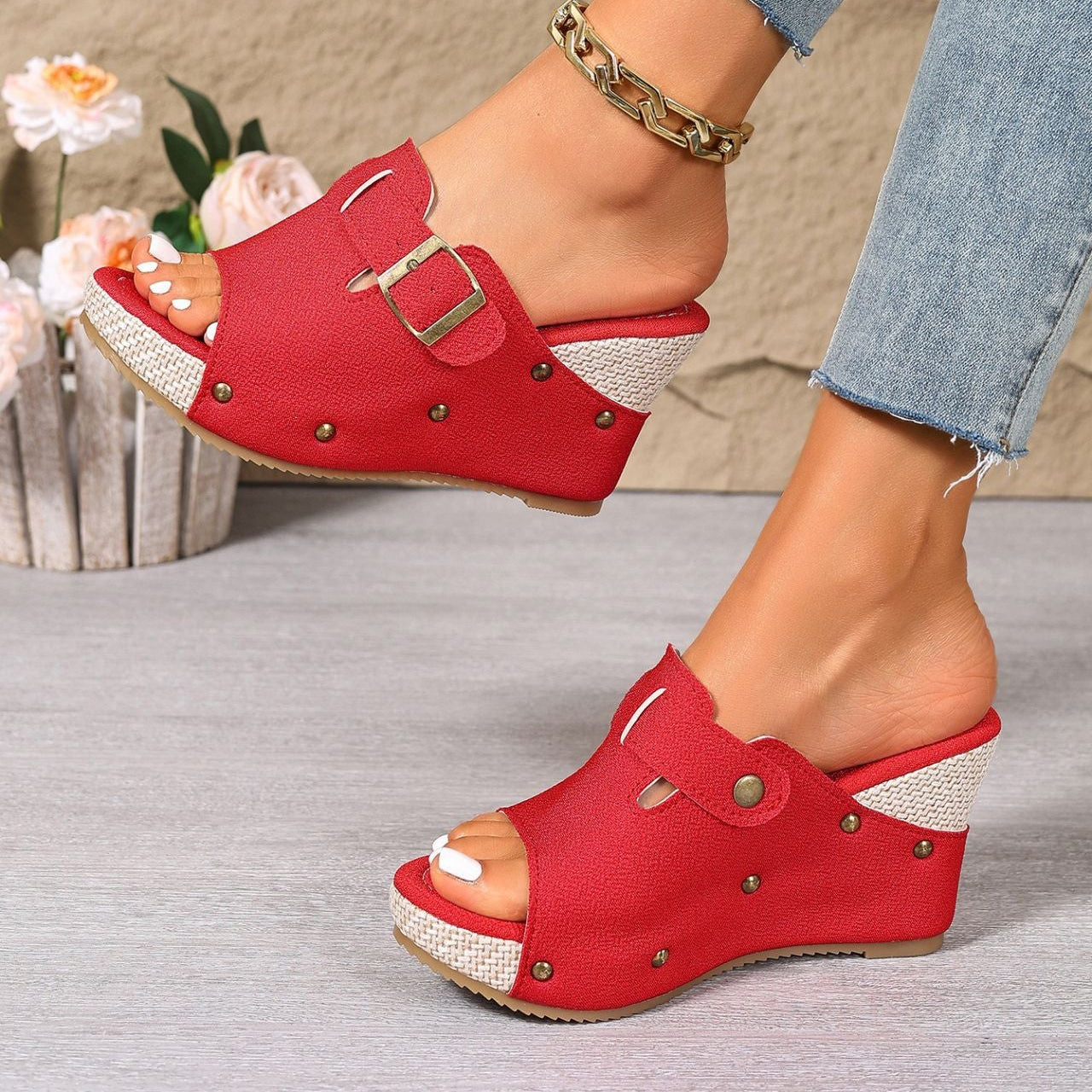 Women’s Sable Rivet Velcro Platform Wedge Sandals – Chunky Studded Slides with Adjustable Strap (US 4–10.5)