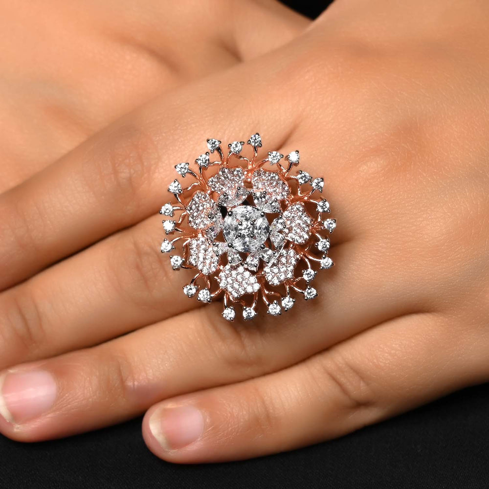 Beautiful Bhanushri Rose Pink American Diamond Ring with intricate detailing and sparkling gemstones