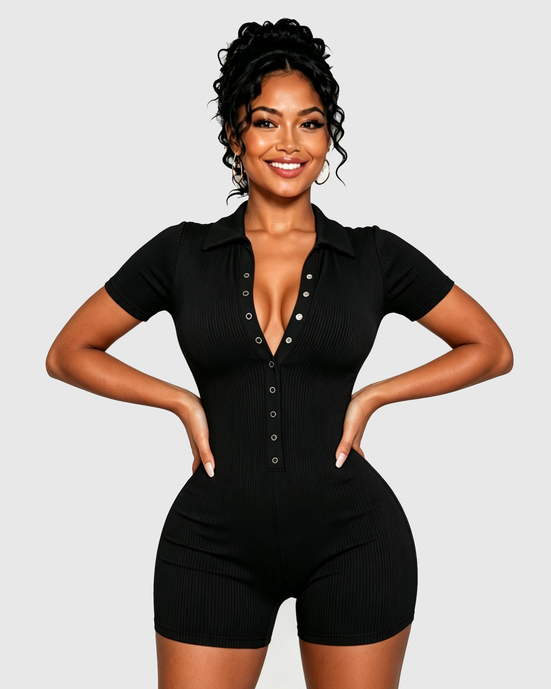 Ribbed Polo Collar Half Snap Front Short Sleeve Bodycon Romper  - By Qivii