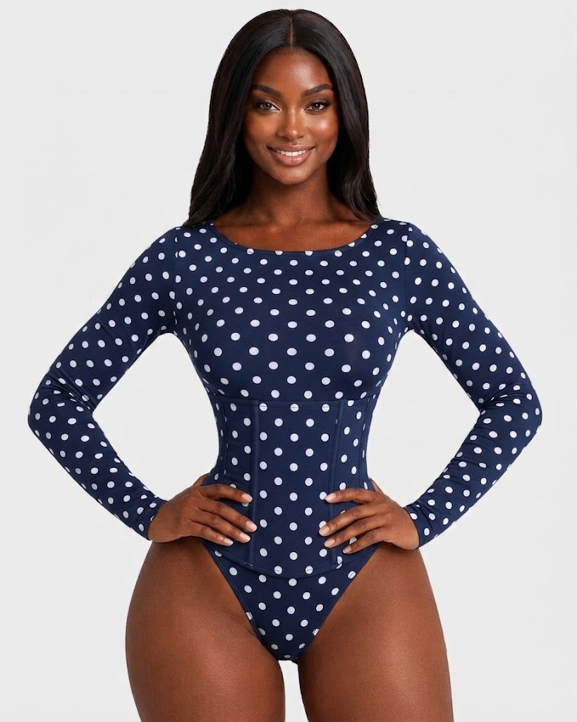 Polka Dot Scoop Neck Long Sleeve Bodysuit Detachable Corset Two Piece Set