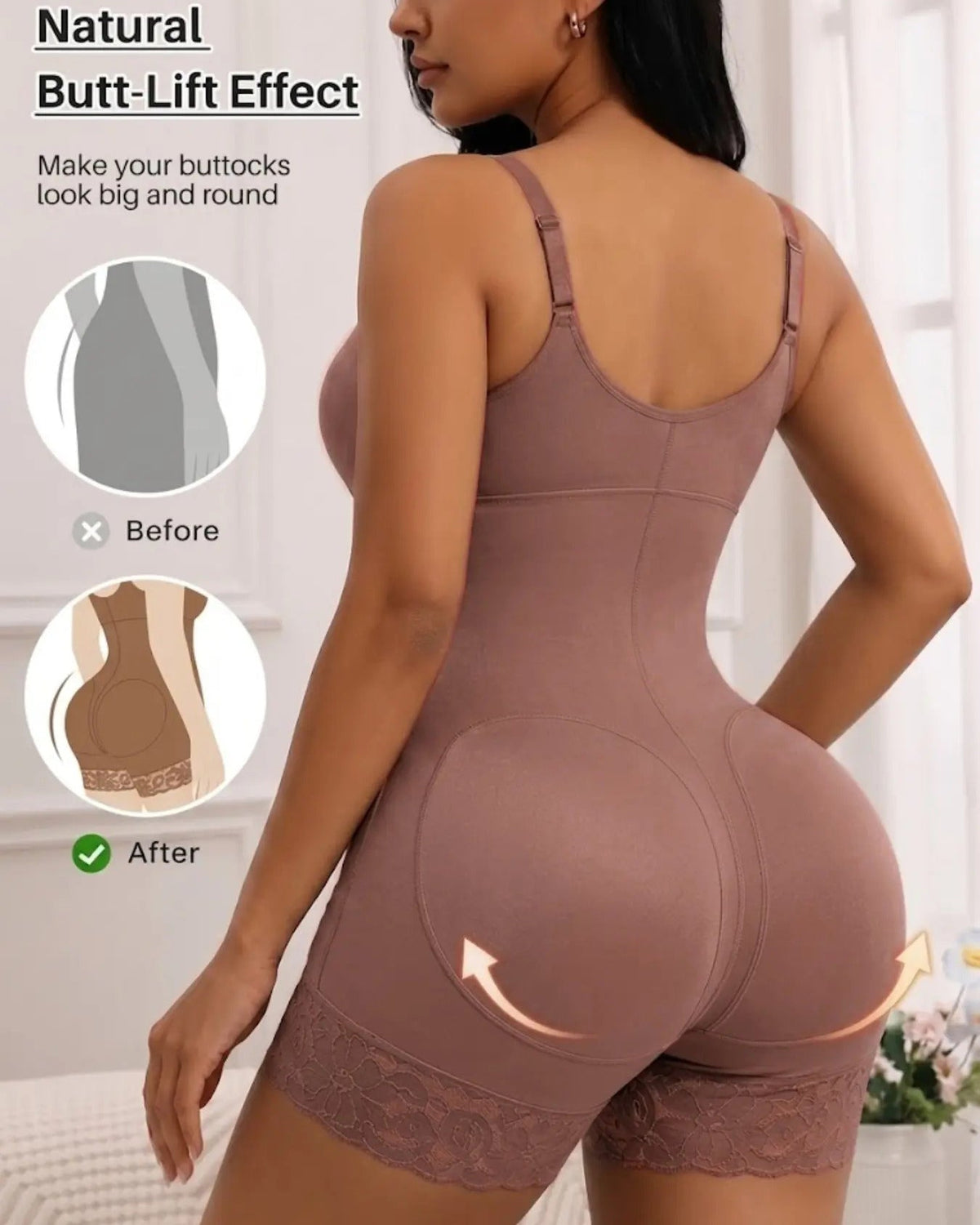 Front Zip Adjustable Strap Tummy Control Butt Lifting Bodysuit Shapewear