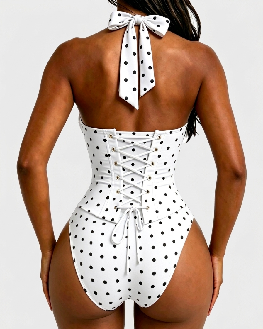Polka Dot Halter Corset One-Piece Swimsuit  - By Qivii