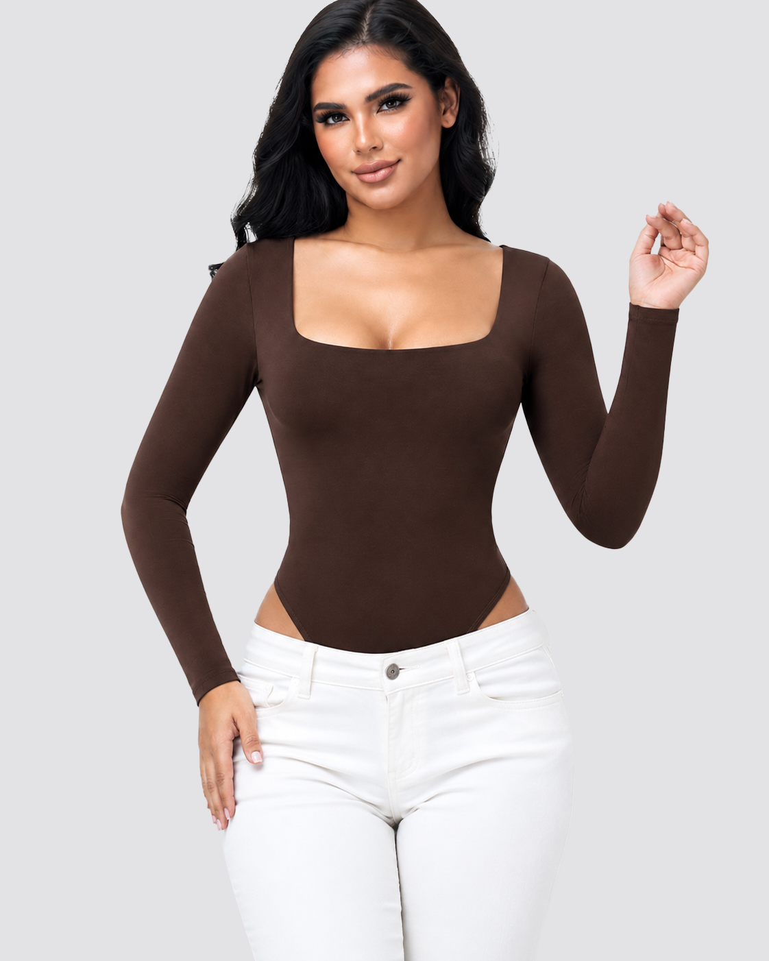 Square Neck Long Sleeve Backless Thong Slim Fit Bodysuit