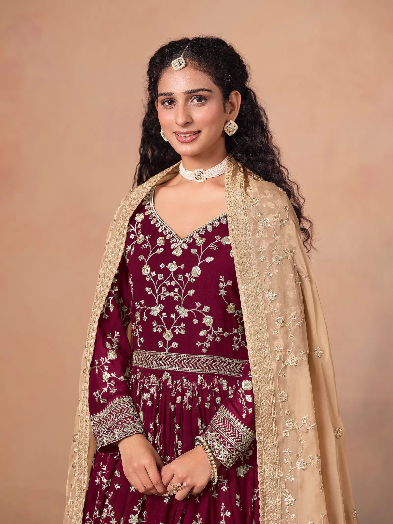 Maroon Georgette Embroidery Gown With Organza Dupatta - qivii